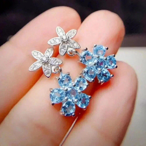 💎 New Arrival Fashion Sea Blue Flower Dangle Drop Earrings, GPMB1525 - Picture 4 of 5